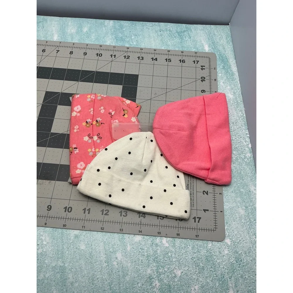 Baby Girl 0-6M Pink Floral Polka Dot Beanie Hat and‎ Bow Headband Set 3pc NEW